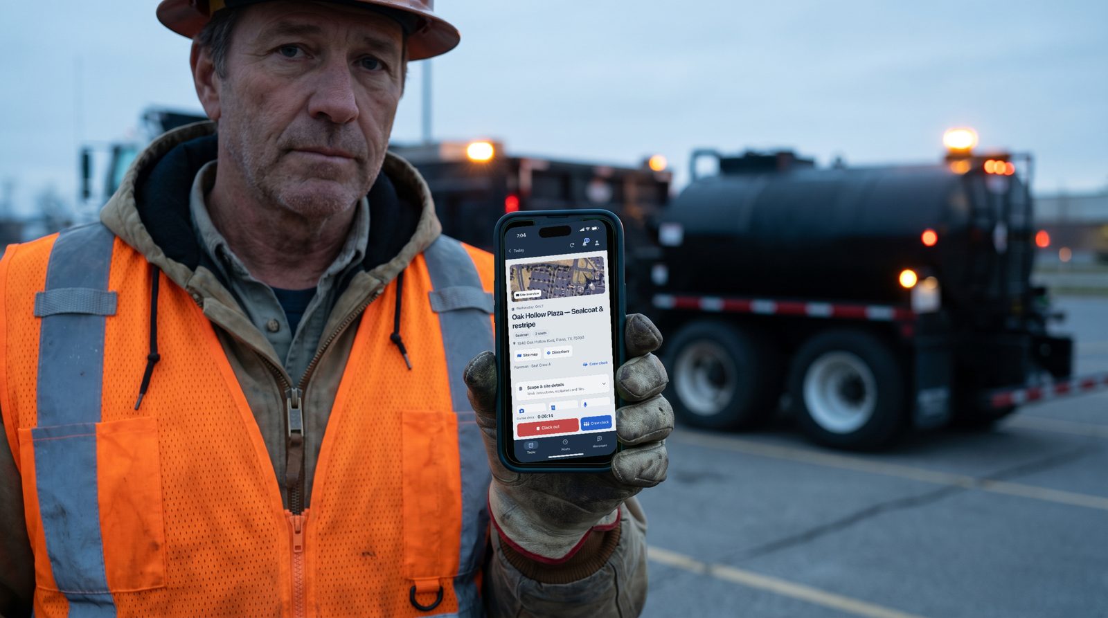 A paving foreman at dawn holding a phone clocked in to Oak Hollow Plaza in the TruTec crew app