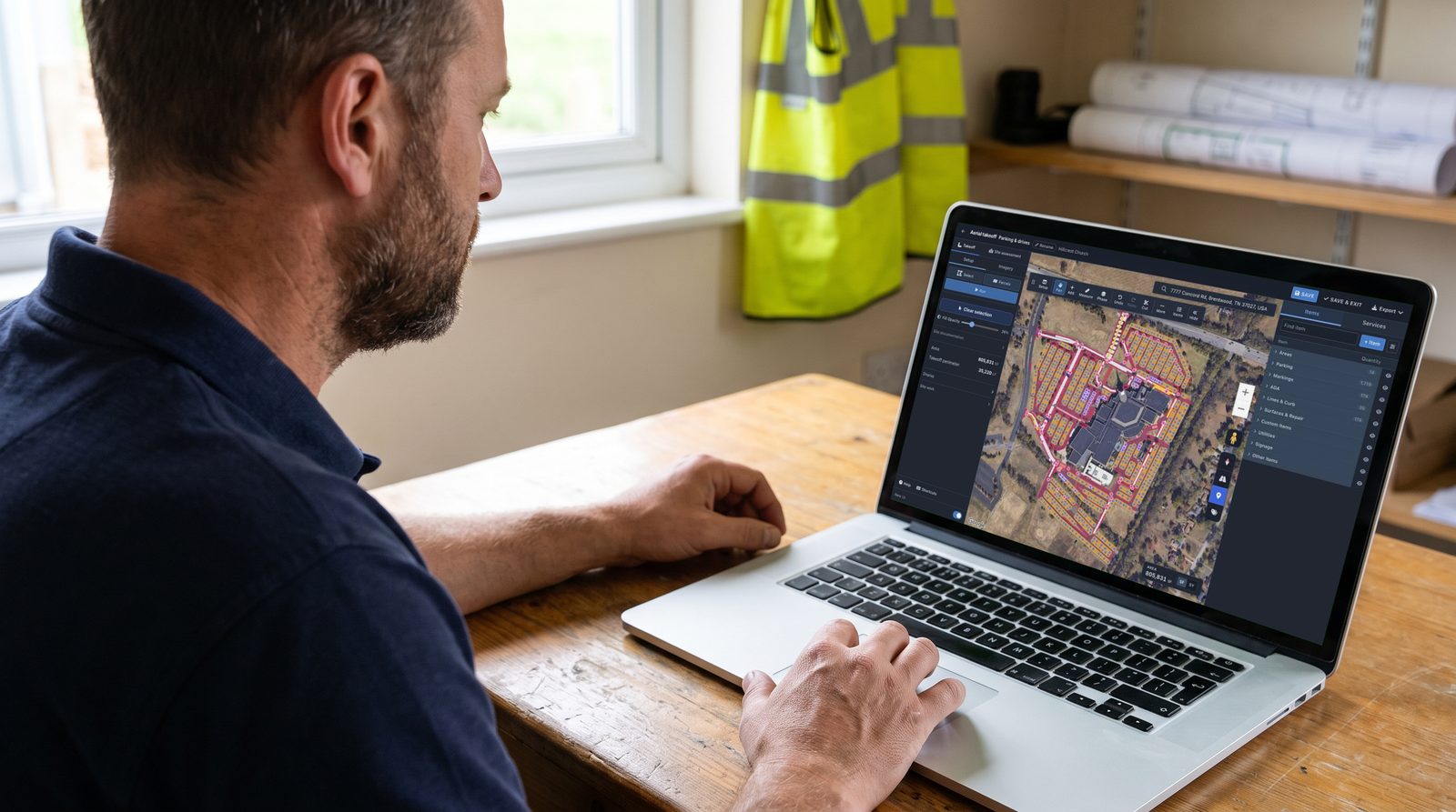 An estimator running an AI takeoff in TruTec: a church campus measured from aerial imagery, parking, stalls and striping painted in, 805,831 square feet