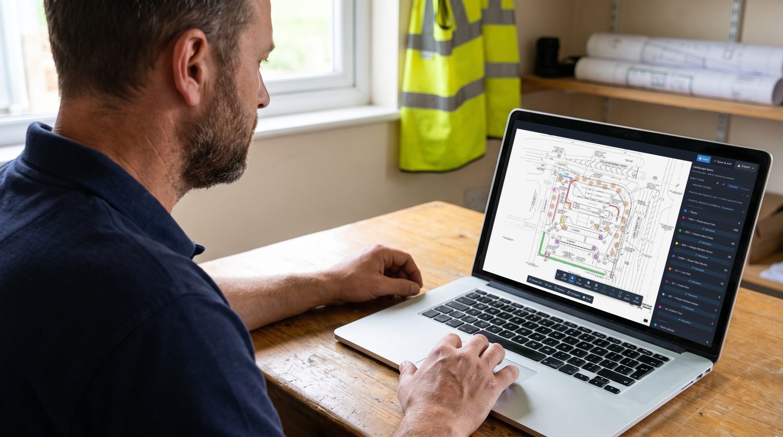 The same estimator on a landscaping job in TruTec: plants found across a planting plan and counted by species, 245 plants