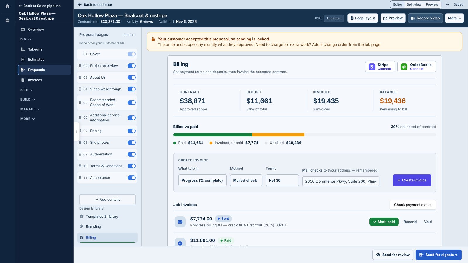The Oak Hollow Plaza billing tab: 30% deposit, invoices so far and what to bill next