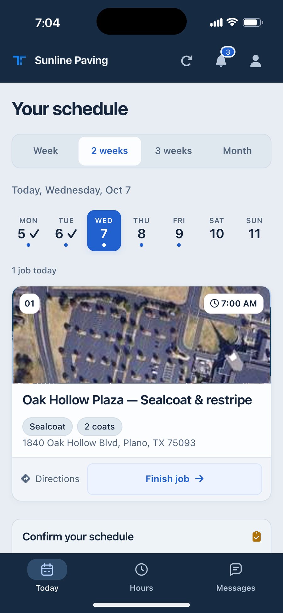 A crew&rsquo;s day in the TruTec app: today&rsquo;s stops in order