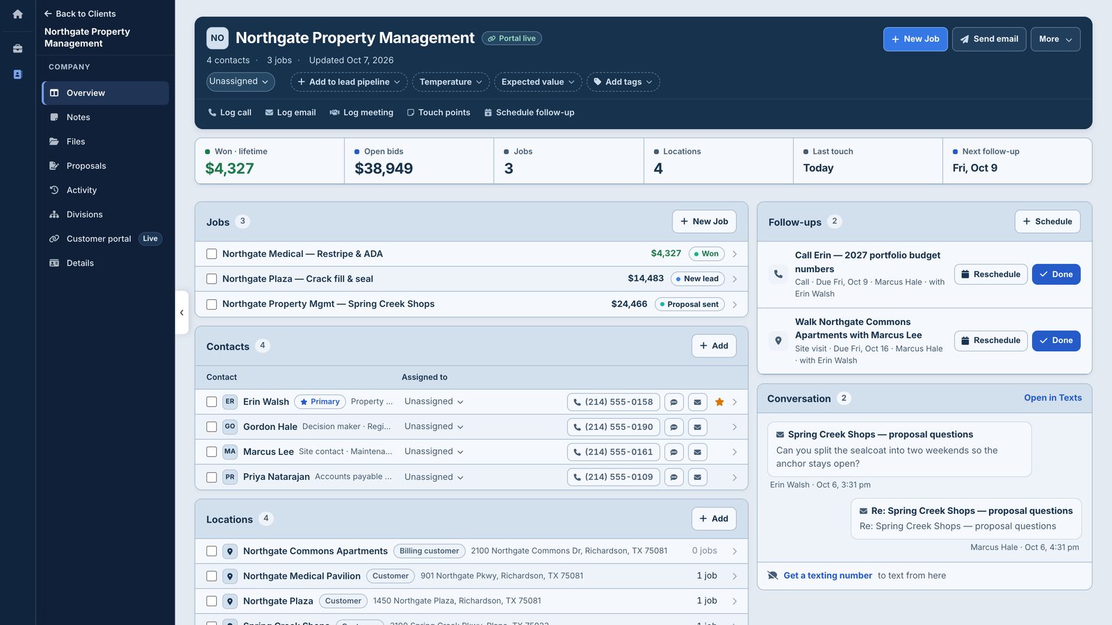 A property-management company in TruTec: four sites, contacts with roles, follow-ups and the conversation
