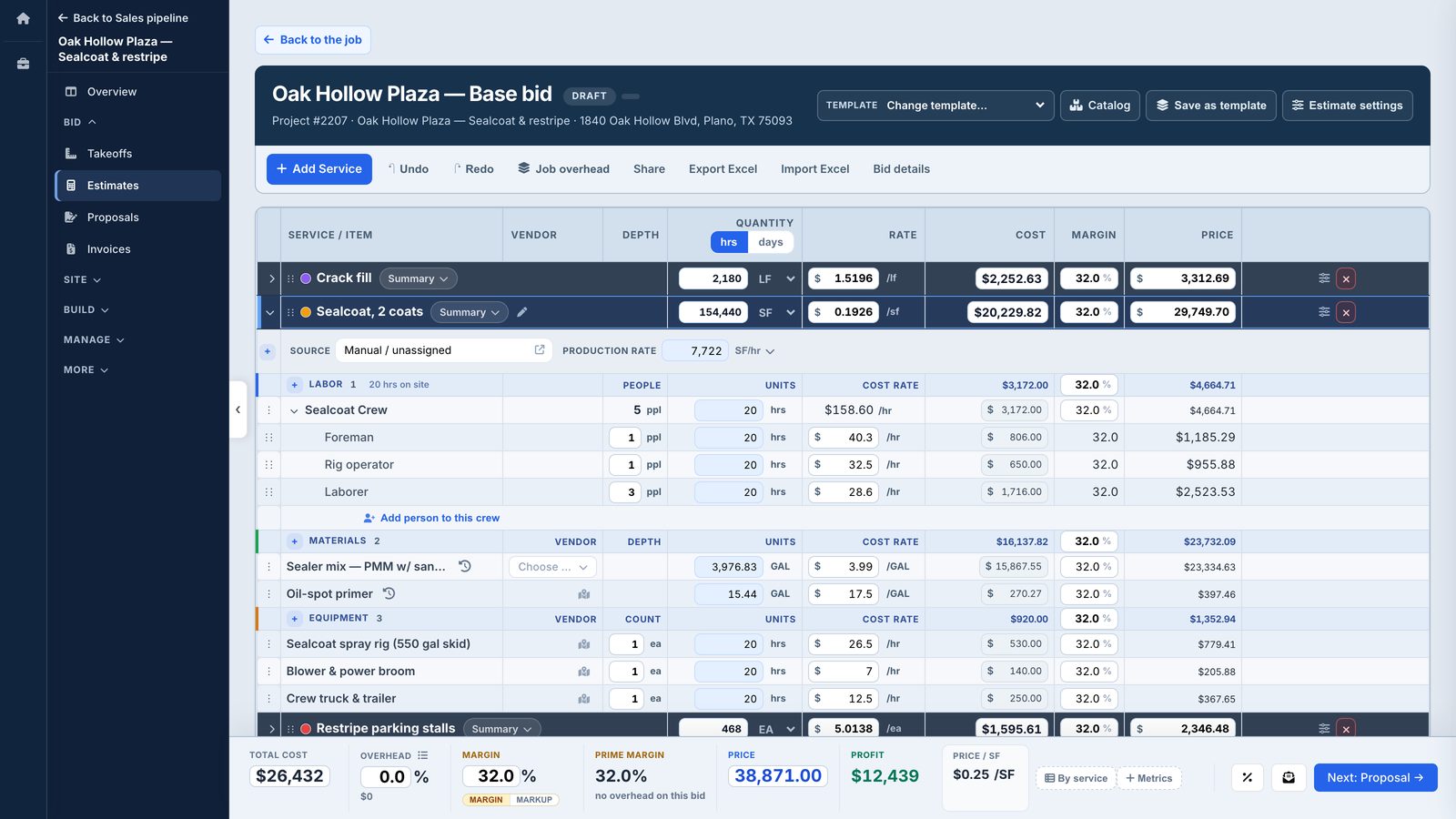 A TruTec estimate for Oak Hollow Plaza with the sealcoat line opened: crew, materials and equipment priced line by line, $38,871 total