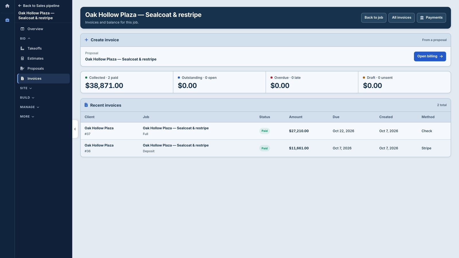 TruTec invoices for Oak Hollow Plaza, paid in full