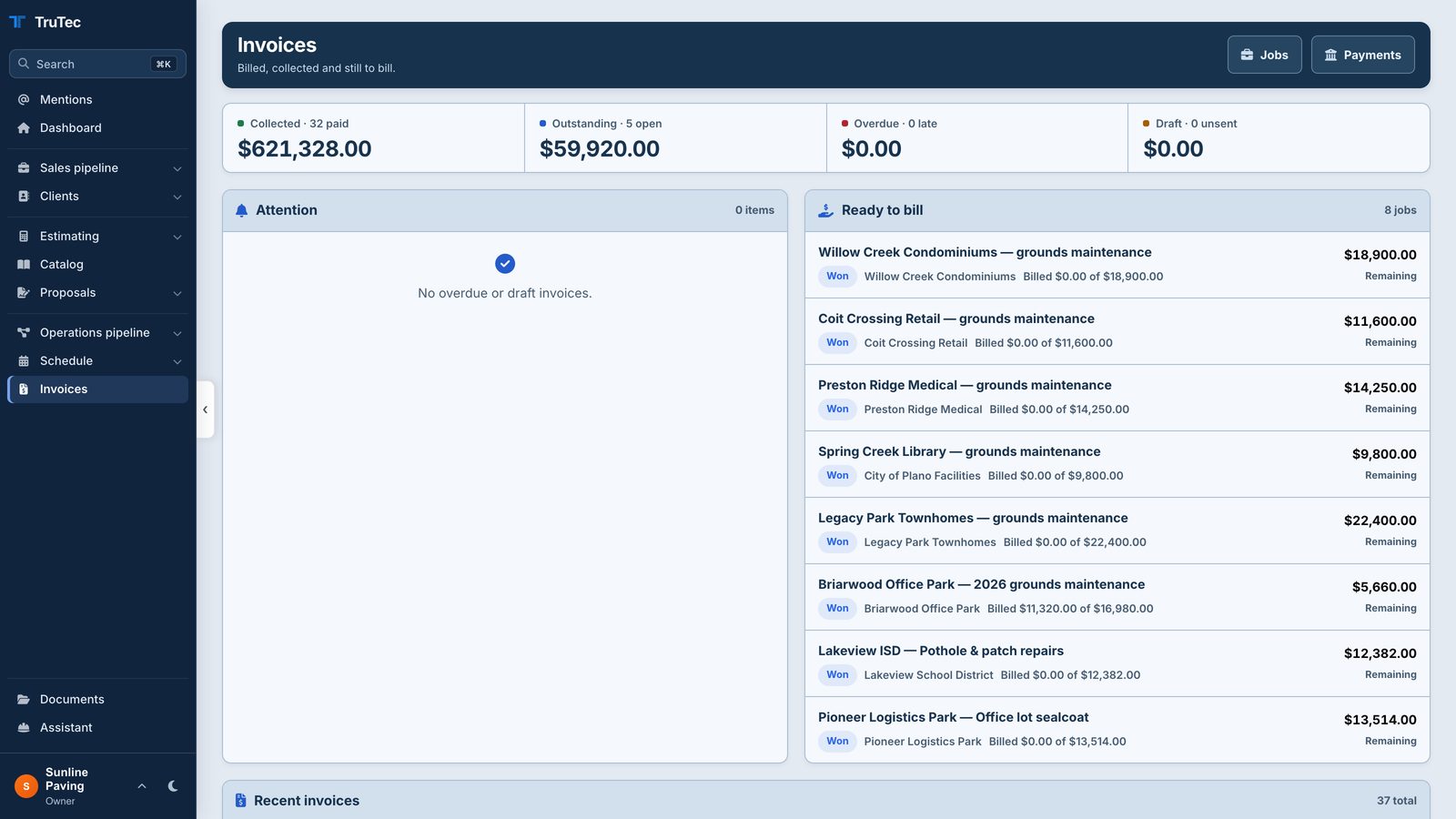 The TruTec invoices page: collected, outstanding, overdue and draft