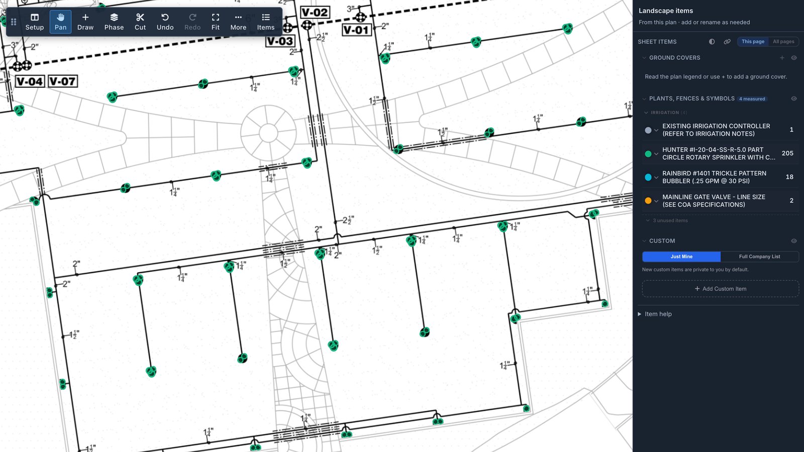 The real TruTec editor after Find irrigation: every rotor on the south lawn laterals marked, with the sheet&rsquo;s head, valve and controller counts beside it