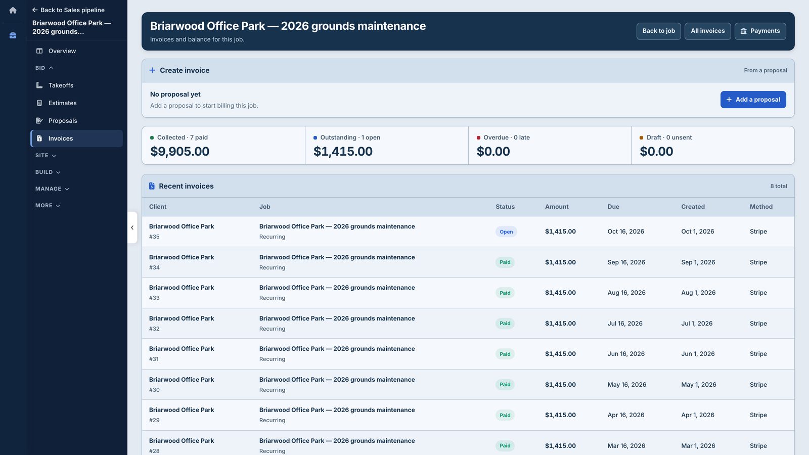 Recurring monthly invoices for Briarwood Office Park grounds maintenance, paid through Stripe