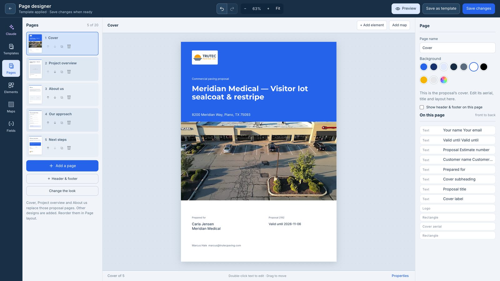 The proposal page designer with a starter look applied