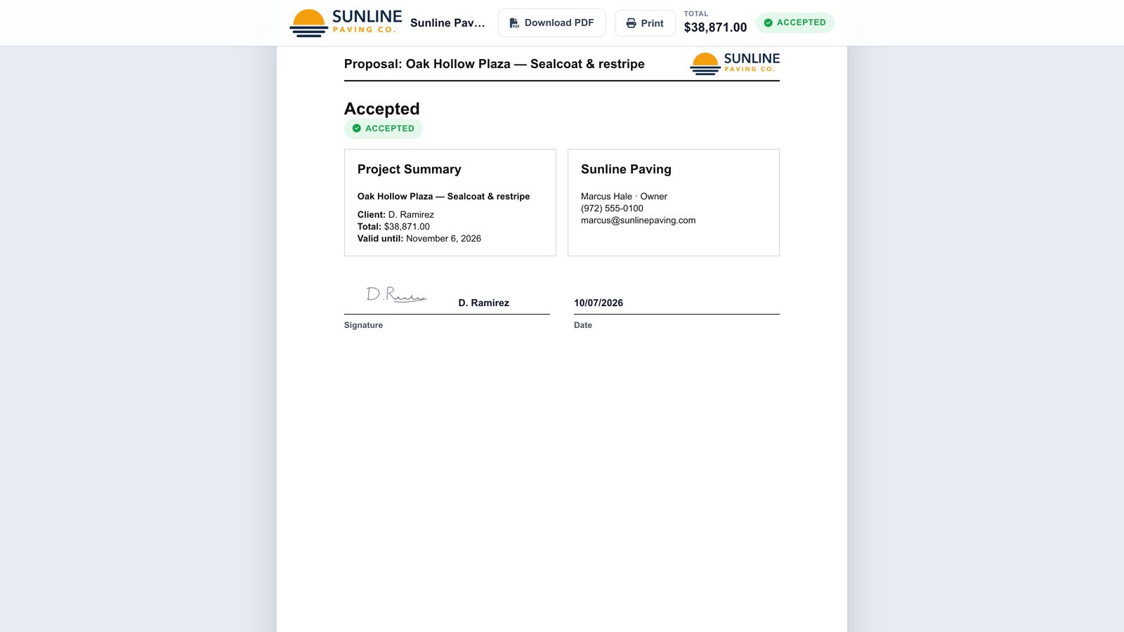 A Sunline Paving proposal accepted and signed online by the client