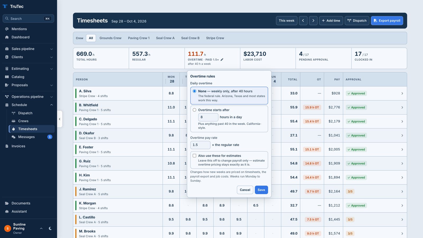 TruTec timesheets with the overtime rules open: overtime after 40 hours a week at 1.5&times;